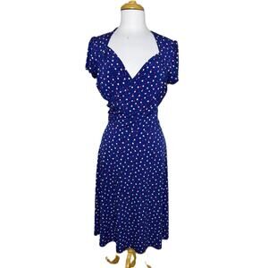 Leota Blue Polka Dot Short Sleeve Sweetheart Neckline Swing Dress, Size XL